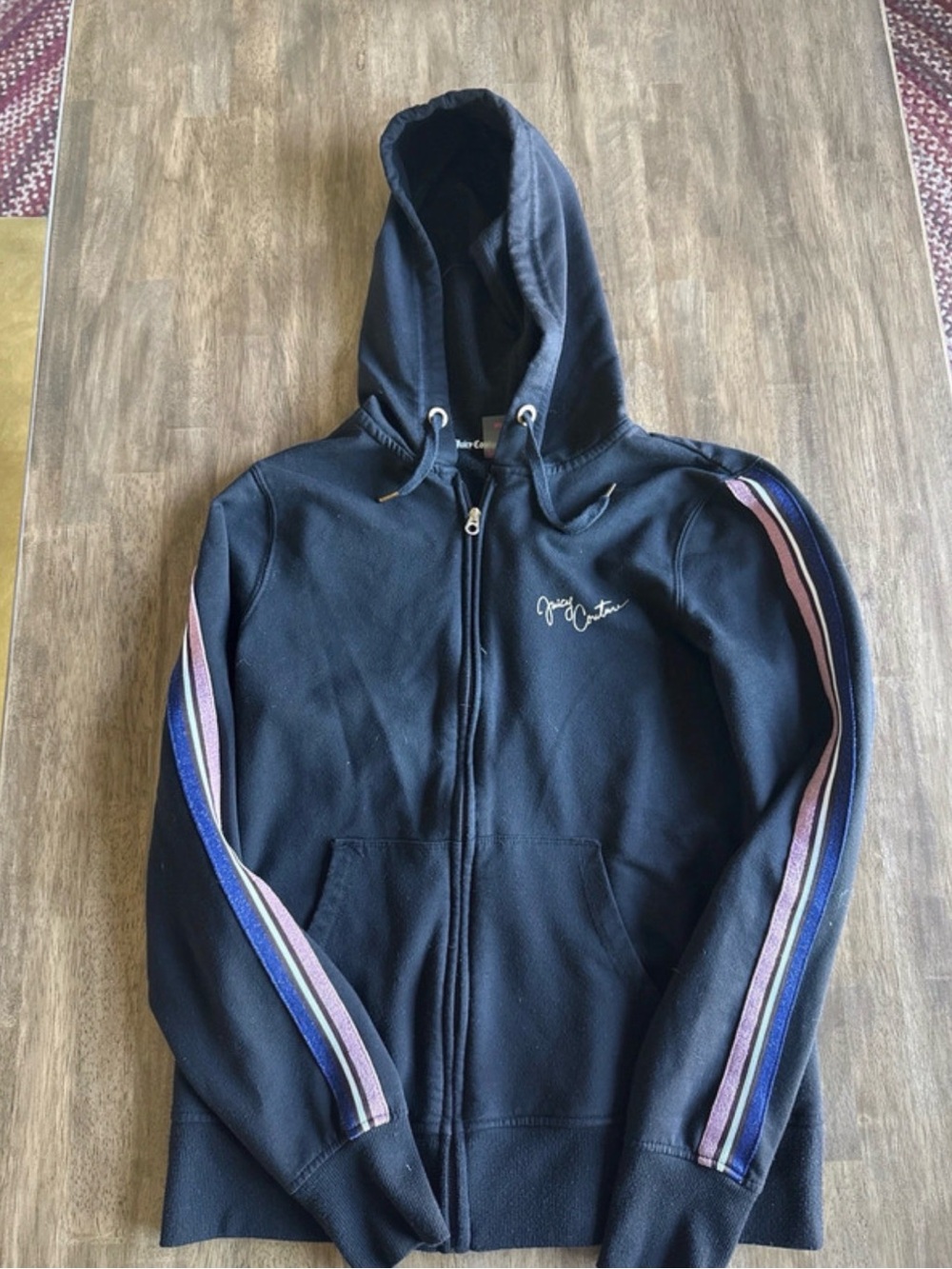 Juicy Couture Black Zip-Up Hoodie with Pink & Blue Sleeve Stripes
